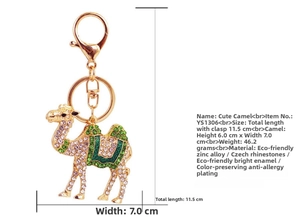 Detail view of rhinestone camel keychain showing size specs and gold-plated alloy body