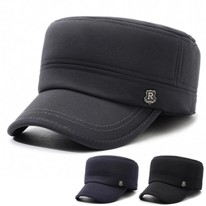 Men Cadet Cap With Ear Protection Warm Windproof Winter Flat Top Hat Ribbed Fabric Adjustable Military Style For Outdoor