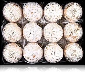 Set of 12 elegant 8cm white Christmas balls with gold floral relief in a black gift box