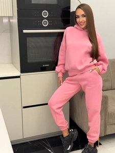 Women's pink two-piece fleece hoodie and jogger set for casual outdoor sportswear