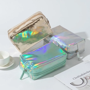 Detailed view of iridescent laser PU makeup bags in gold, silver, and mint green colors