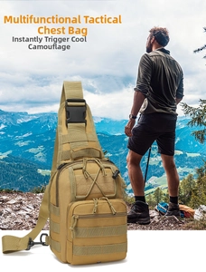 Tactical chest bag detail with MOLLE system and patch area on khaki nylon material