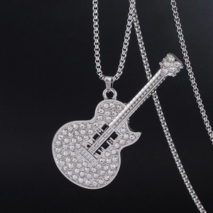 Hip hop silver guitar pendant necklace with sparkling rhinestones on a long box chain