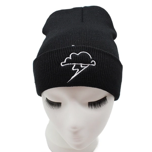 Black ribbed beanie with white cloud lightning embroidery for men and women