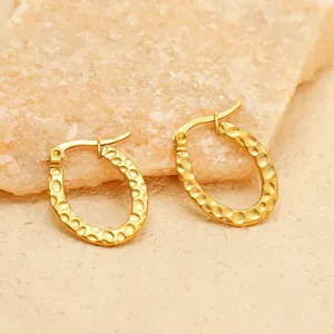 18K gold plated geometric oval earrings with hammered texture for women in minimalist style
