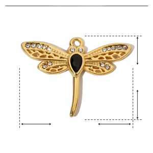 Detail view of 29mm x 21mm dragonfly pendant with zircon and stainless steel specs