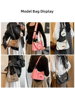 Detail view of stylish half-moon shoulder bags with mini coin purses and metal chains