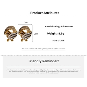 Detail specifications of golden spiral earrings with rhinestones and alloy material
