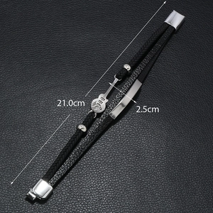 Macro shot showing 21cm length of men's multilayer braided leather guitar bracelet