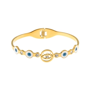 Polished gold evil eye bangle with blue enamel and sparkling cubic zirconia stones