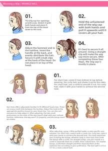 Instructional guide showing steps for wearing and styling a kinky curly lace front wig