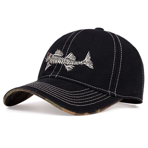 Black cotton baseball cap with white fishbone embroidery and camouflage underbrim details