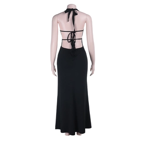 Detailed back view of a black halter neck dress featuring strappy open back design