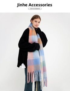 Detail shot of the soft brushed texture and colorful plaid fringe on the winter scarf