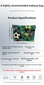Detail view of soccer makeup bag showing 17x25cm size and linen texture details
