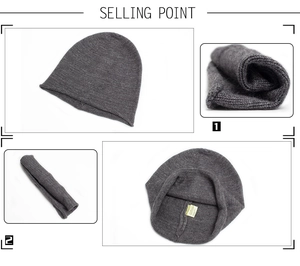 Detailed views of dark grey rabbit fur knit beanie showing interior lining and stitching