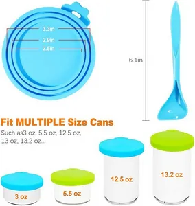 Silicone pet food can cover with three ring sizes and measurements for versatile fit