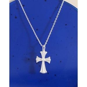 Polished S925 sterling silver cross pendant necklace with O-chain on blue display stand