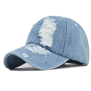 Washed Denim Baseball Cap Distressed Ripped Holes Retro American Streetwear Adjustable Vintage Hat For Men Women