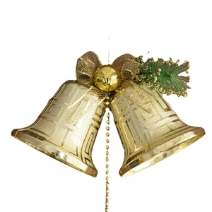 Christmas gold plastic double bell ornaments with gold ribbon bow and festive greenery decor
