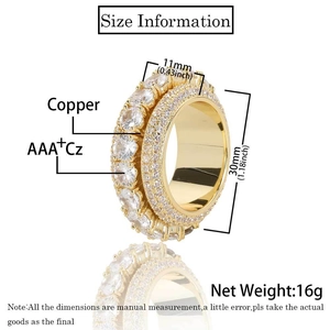 Detailed size information of gold-plated hip hop ring with five rows of zircon stones