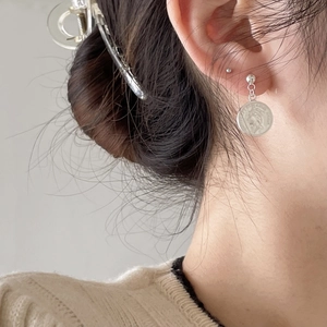 Minimalist 925 sterling silver coin charm earrings set with vintage portrait engraving