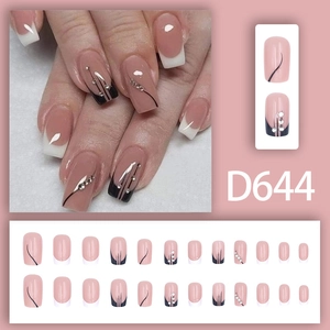 Sparkly rhinestone press-on nails set with French white tip and black line designs