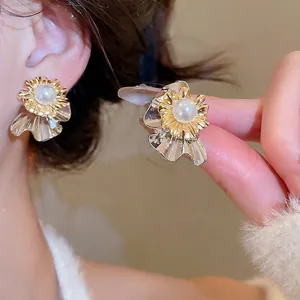 Flower Stud Earrings With Imitation Artificial Pearl Two Tone Corrugated Petals And 925 Sterling Silver Earring Post Women