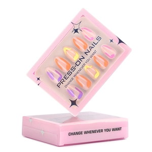 Short almond press-on nails with colorful abstract swirl designs in pink and purple