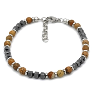 Men's beaded bracelet featuring tiger eye stones, hematite and adjustable silver clasp