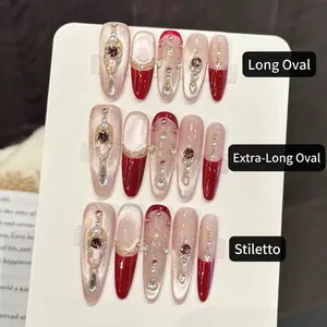 Faux Ongles Faits À La Main Rouge Vin Oeil De Chat Design Français Avec Zircon Strass Luxe Vintage Style Cour Stiletto Ovale