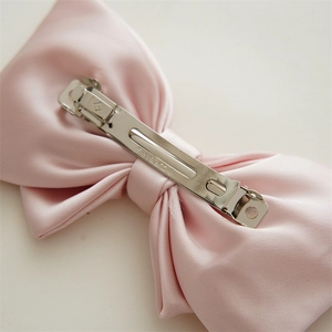 Pink satin ribbon bow hair clip for girls with a premium metal spring fastener