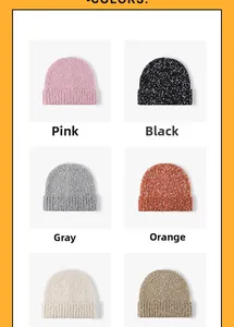 Close-up of knit beanies in six colors: pink, black, grey, orange, beige, and khaki