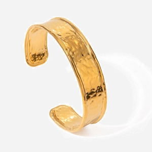 French Retro 18K Gold Plated Stainless Steel Wide Cuff Bracelet Women Hammered Texture Open Adjustable Fashion Jewelry