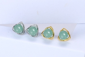 Macro view of gold and silver S925 sterling silver triangle earrings with green aventurine