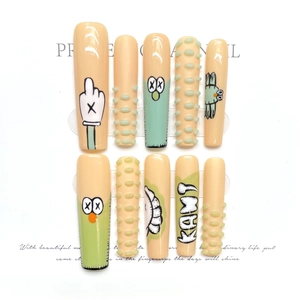 Extra long handmade trapezoidal fake nails with KAWS style hand-painted 3D pop art designs