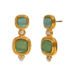 Boucles d'oreilles vintage en acier inoxydable doré 18K avec pierres vertes et perles