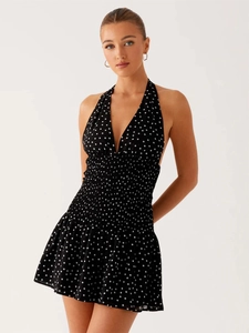 Polka dot halter neck mini dress with deep V-neck and elastic waist for summer