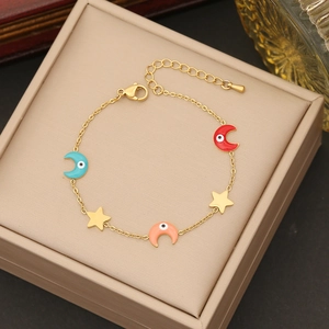 Bohemian gold stainless steel bracelet with colorful moon evil eye and star charms