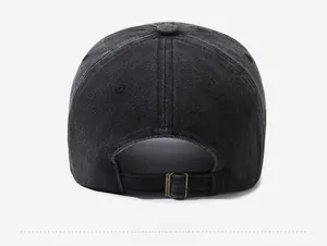 Close-up of vintage washed denim baseball cap with adjustable metal buckle on back