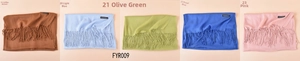 Fringed cashmere-feel scarves in coffee, blue, green, and pink with material labels