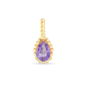 Detail of pear-cut purple gemstone pendant with gold beaded bezel setting on white background