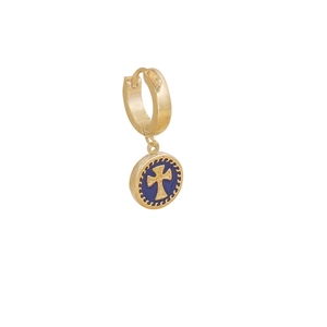 Detailed close-up of a golden earring with a blue enamel cross charm on a white background
