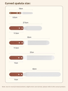 Size chart showing five offset spatulas with rosewood handles and stainless steel blades