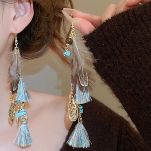 Detail of bohemian tassel earrings with blue feathers, turquoise beads and gold leaves