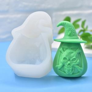 Macro detail of skull wizard hat silicone mold with spider web pattern for DIY crafts
