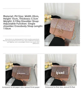 Detailed view of pink glitter crossbody bag with gold chain strap and size dimensions