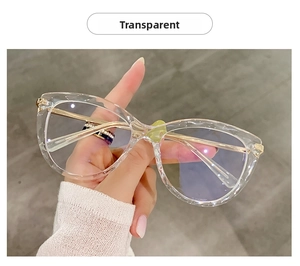 Dettaglio occhiali cat-eye trasparenti con aste in metallo dorato e cerniera a molla