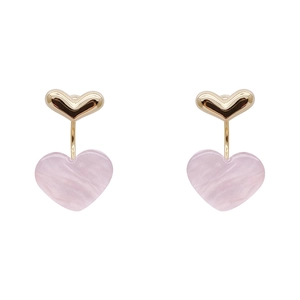 Elegant S925 silver pink marble resin double heart drop earrings with gold finish