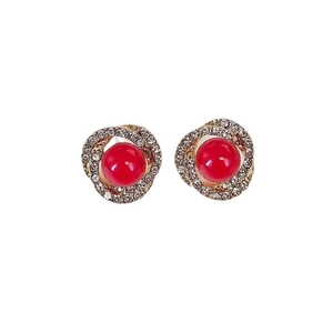 Elegant gold woven spiral earrings with large red pearl and clear crystal rhinestones